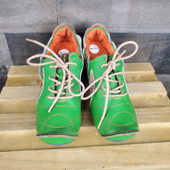 Princess Of TMA Maia Green Abstract Pointed Toe Leather Oxford Women's - Picture 2 of 16